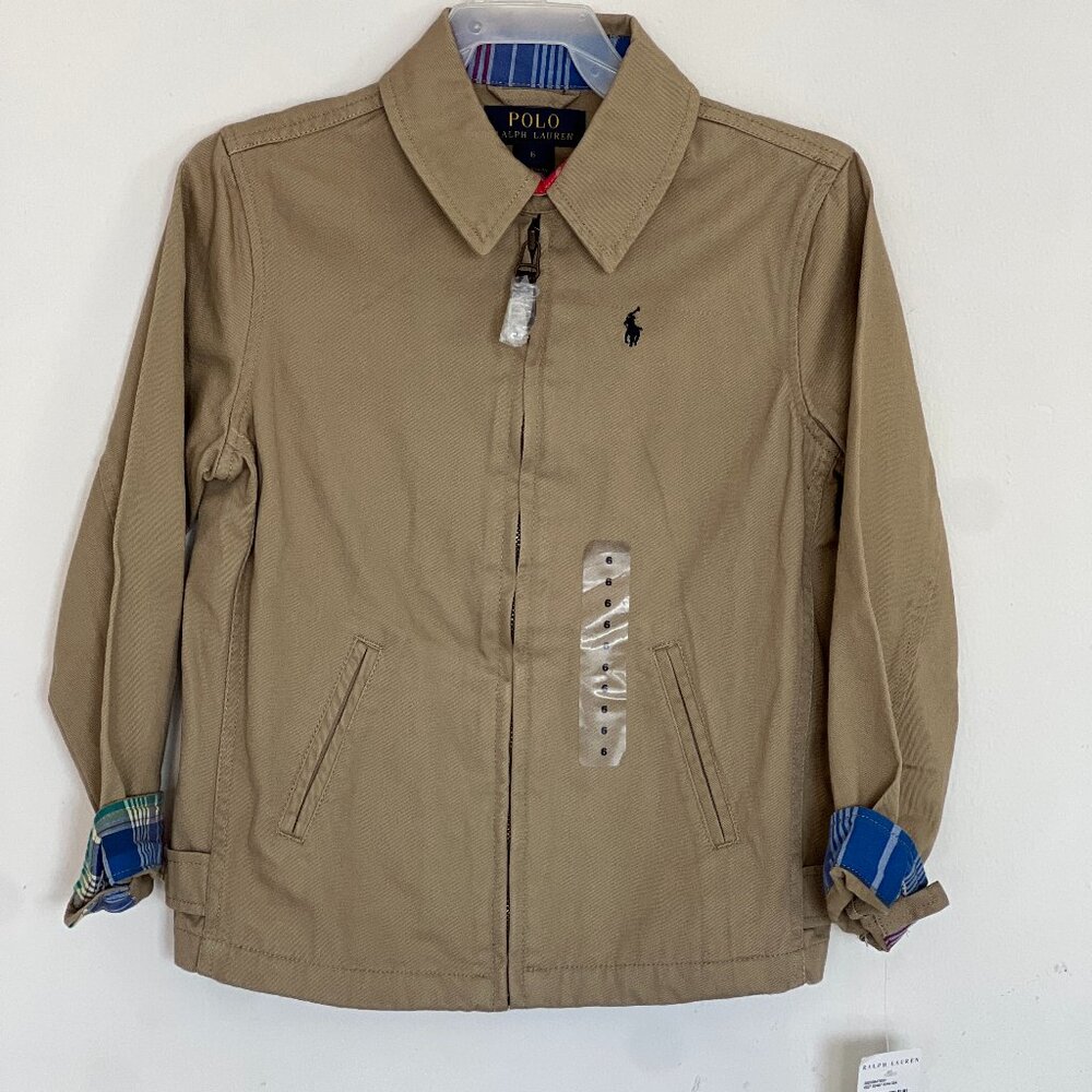 Ralph Lauren Jacket Boys Zip-Up Harrington Coat Tan Khaki plaid small pony